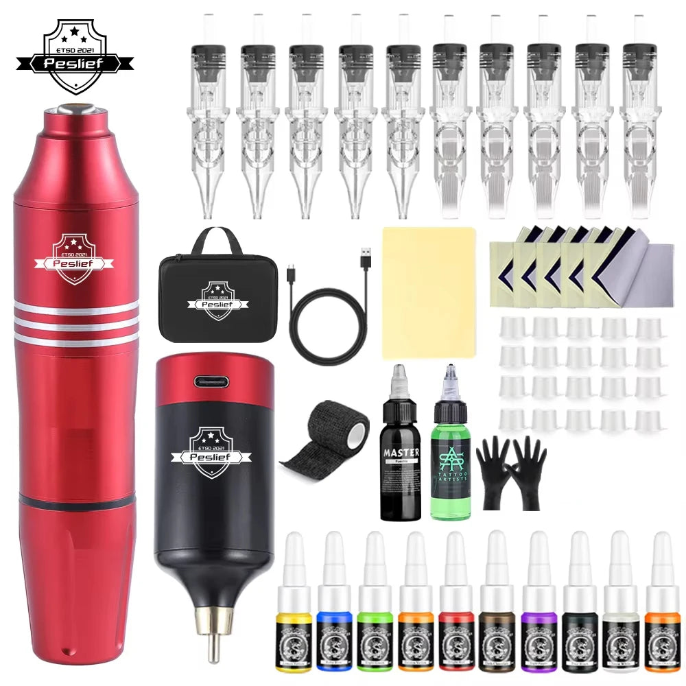 Professional Wireless Rotary Tattoo Machine Kit with 10Pcs Cartridge Needles Complete Set for Tattoo Artists and Beginners